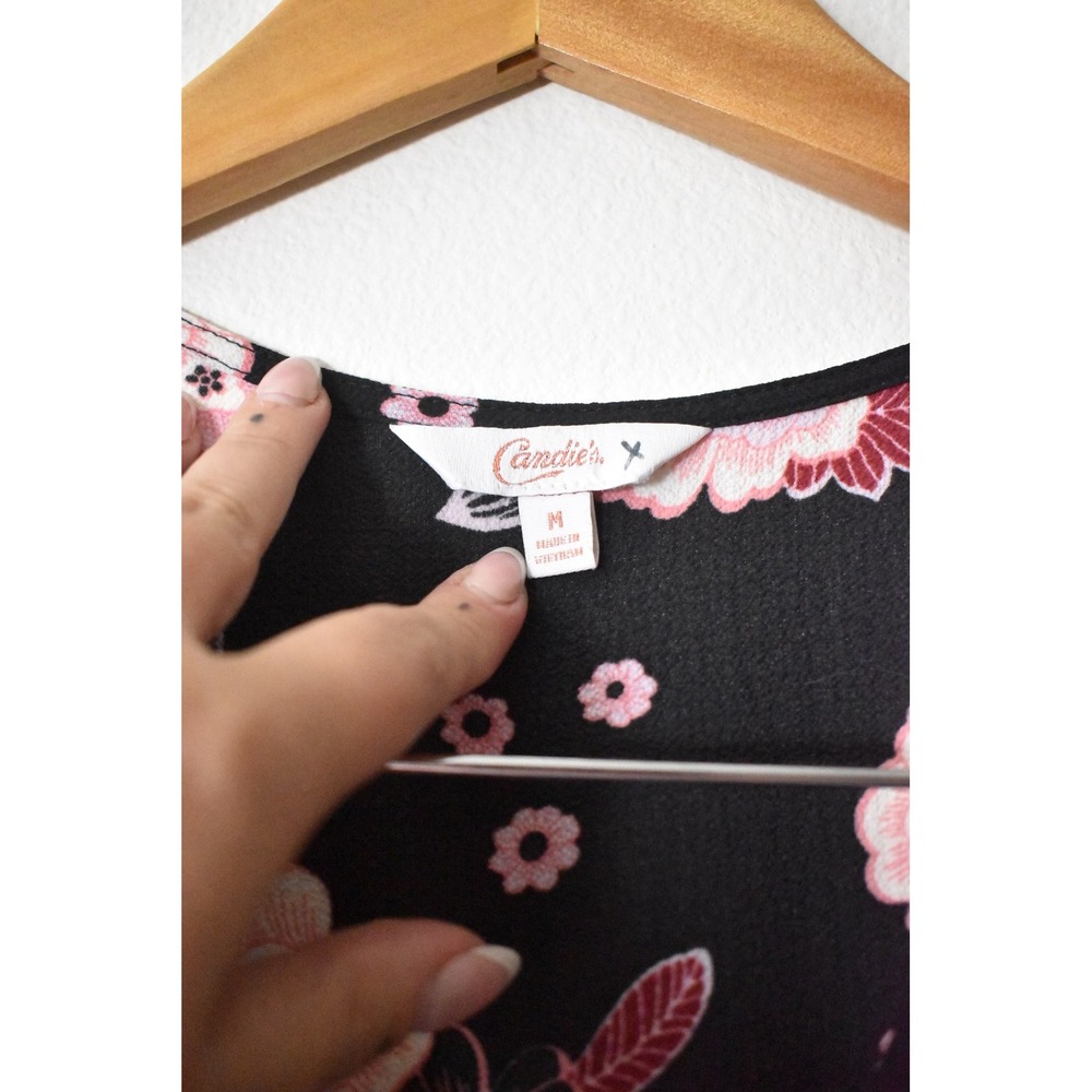 Candie's Floral Maxi Romper Women Size M Black Pink Modern Split Overlay Tie - Picture 9 of 10